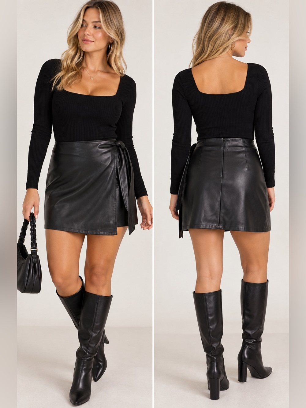 143 Story by Line Up Black Faux Leather Tie Wrap Mini Skirt Size Large NWT